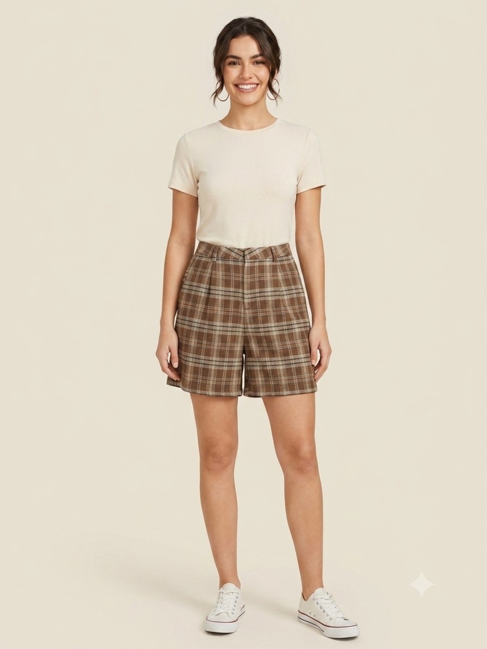 Cider Brown Plaid High-Waist Bermuda Shorts